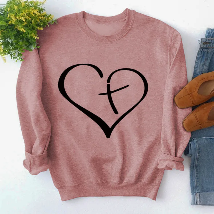 Womens Round Neck Tops Long Sleeve Heart Shape Print Loose Sweatshirt