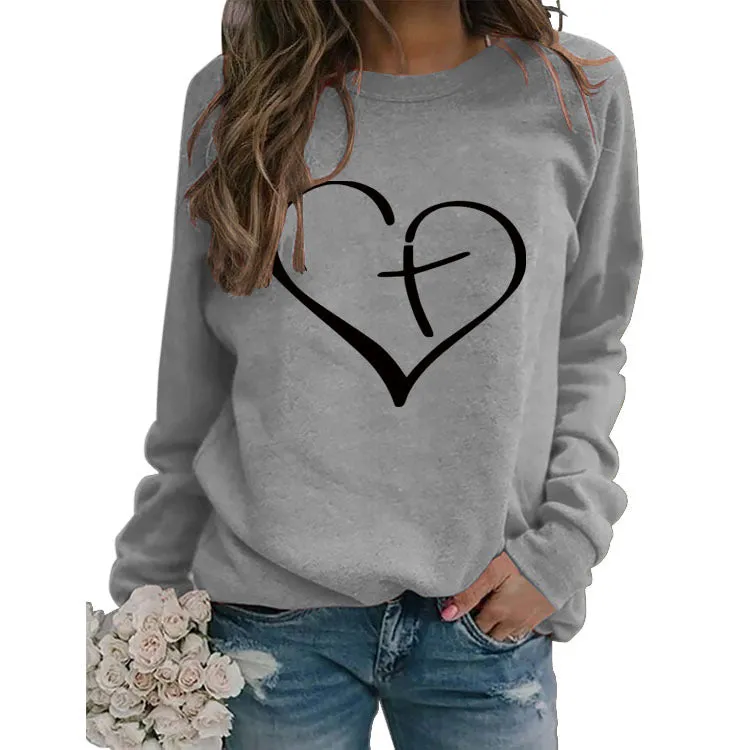 Womens Round Neck Tops Long Sleeve Heart Shape Print Loose Sweatshirt