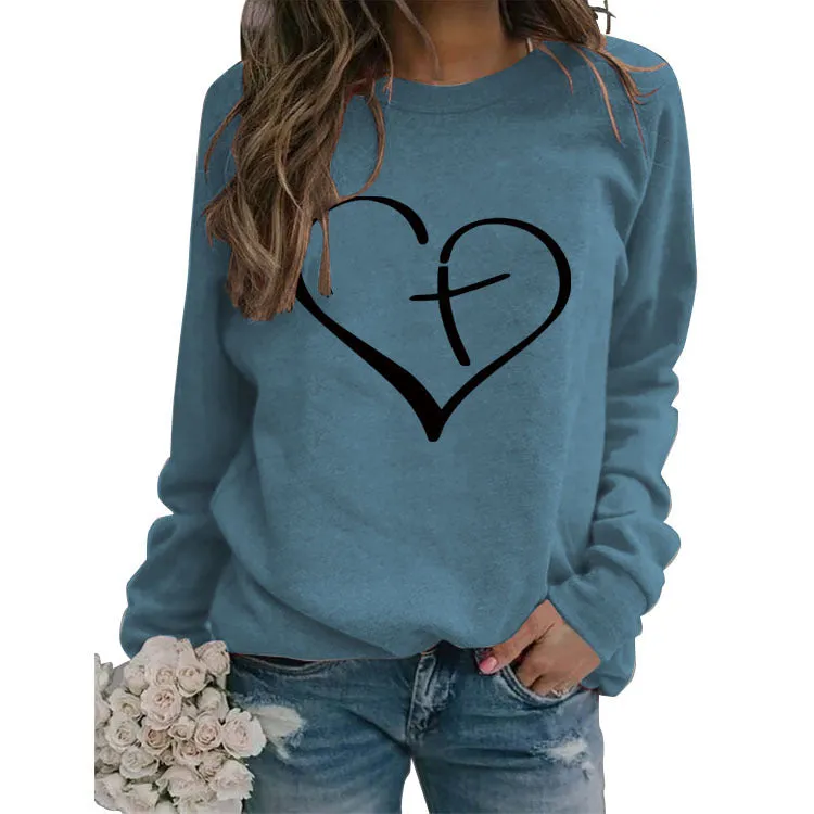 Womens Round Neck Tops Long Sleeve Heart Shape Print Loose Sweatshirt