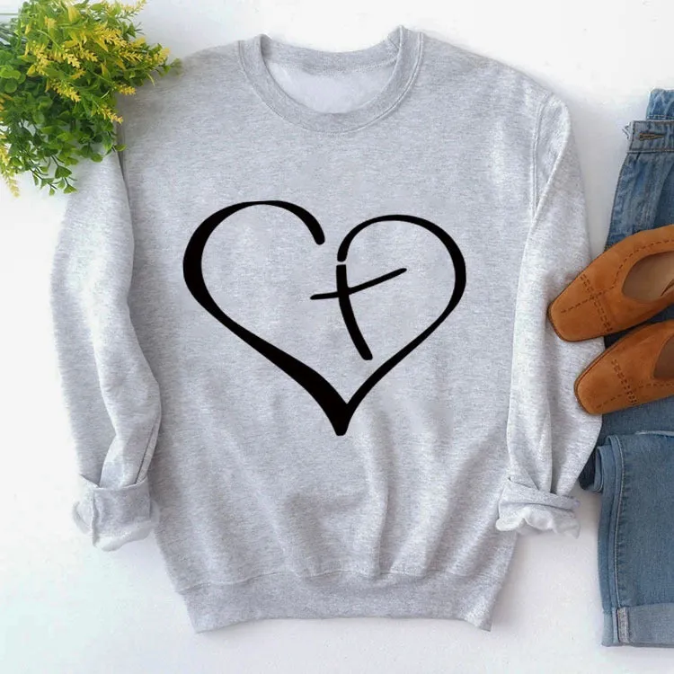 Womens Round Neck Tops Long Sleeve Heart Shape Print Loose Sweatshirt