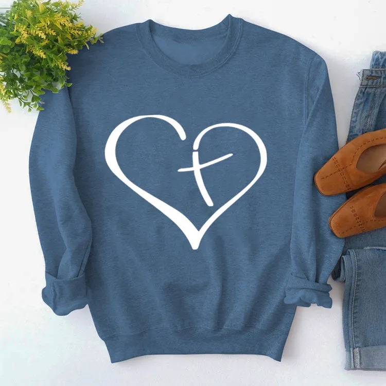 Womens Round Neck Tops Long Sleeve Heart Shape Print Loose Sweatshirt