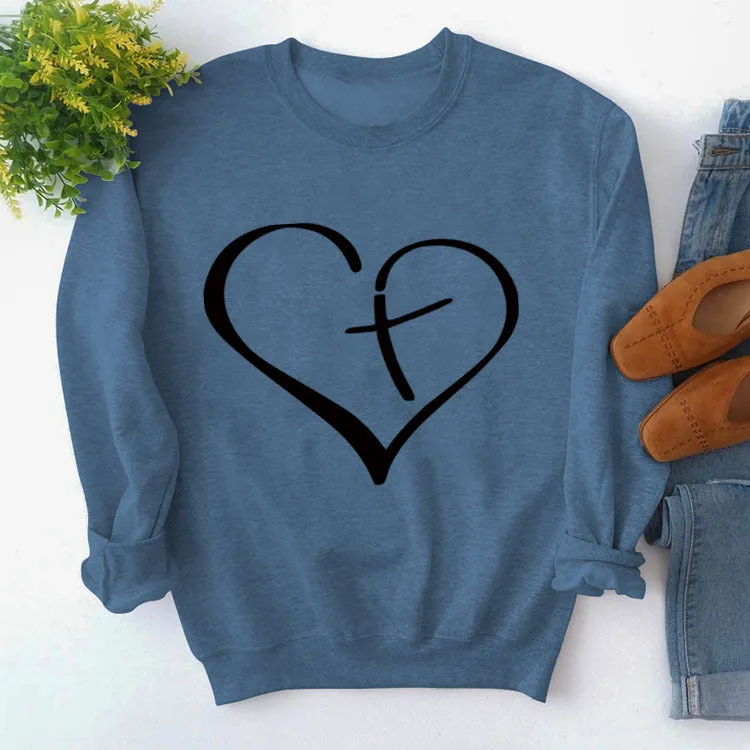 Womens Round Neck Tops Long Sleeve Heart Shape Print Loose Sweatshirt