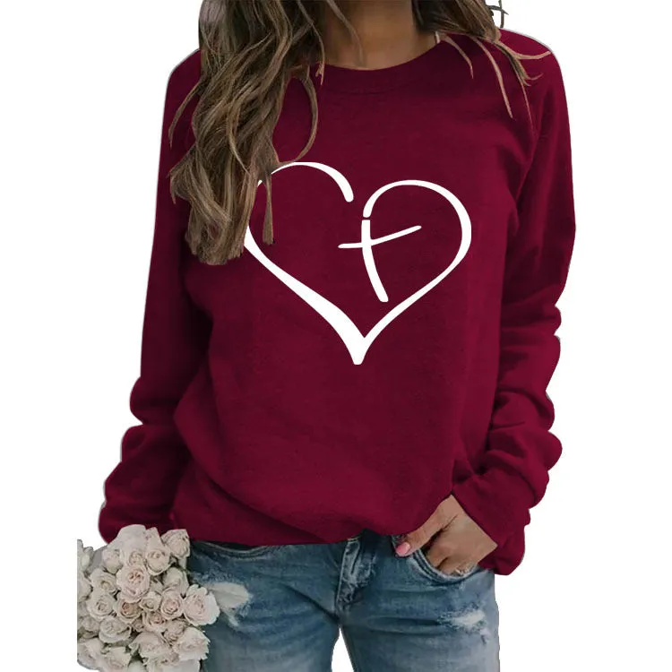 Womens Round Neck Tops Long Sleeve Heart Shape Print Loose Sweatshirt