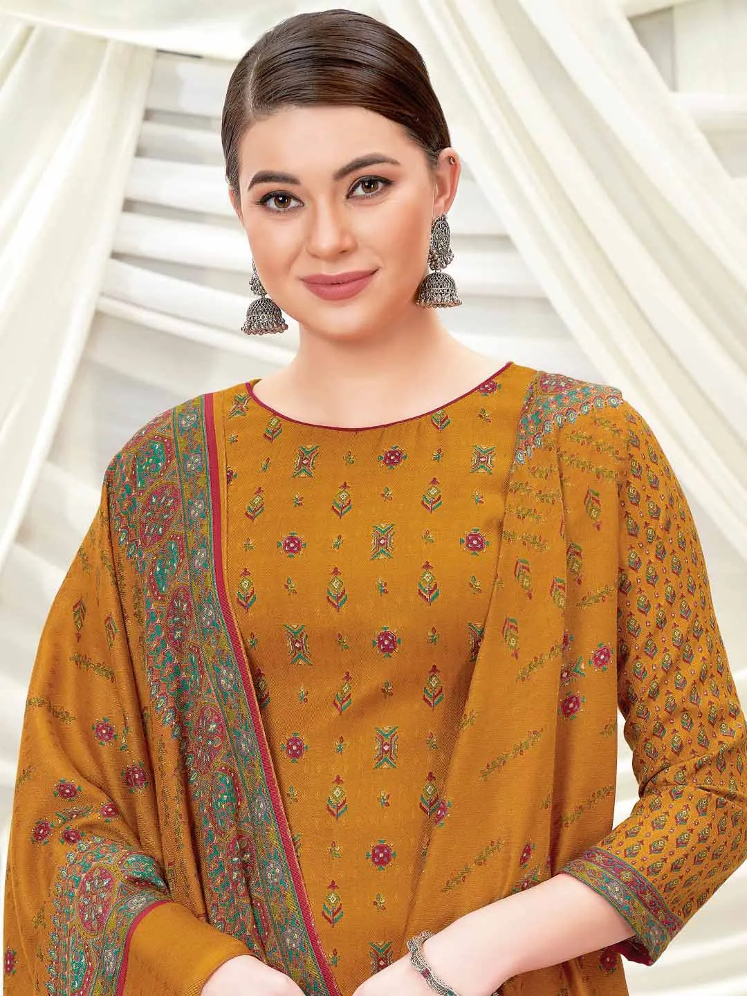 Wool Pashmina Mustard Yellow Printed Unstitched Suit Set