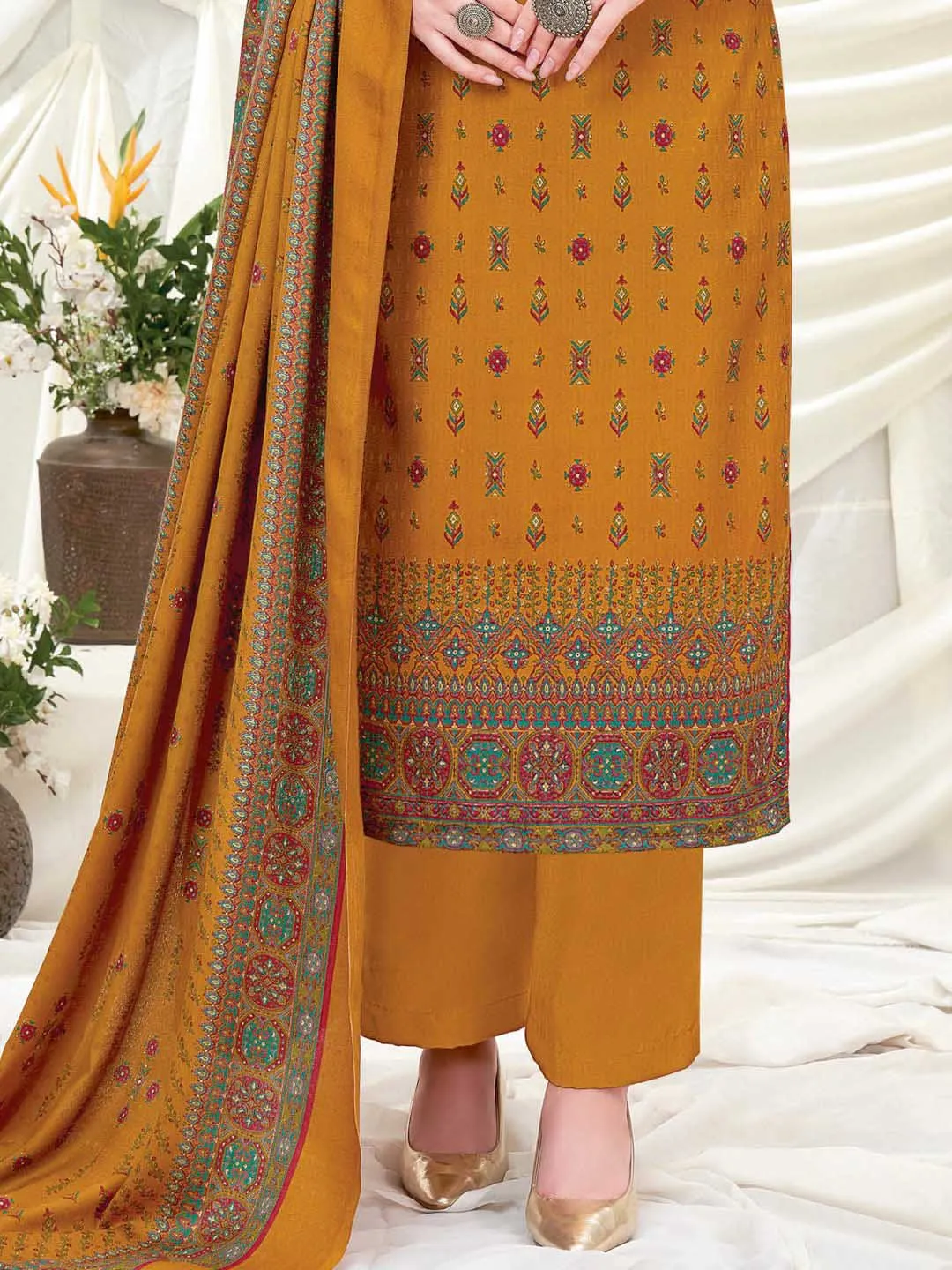 Wool Pashmina Mustard Yellow Printed Unstitched Suit Set