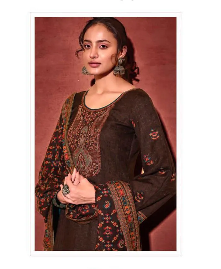 Woolen Pashmina Dark Brown Winter Unstitched Suits With shawl