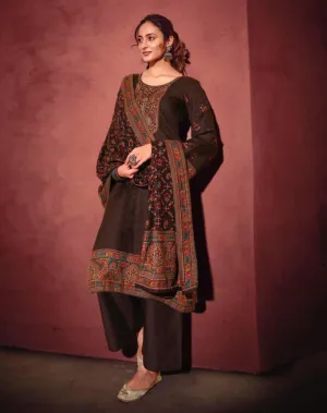 Woolen Pashmina Dark Brown Winter Unstitched Suits With shawl