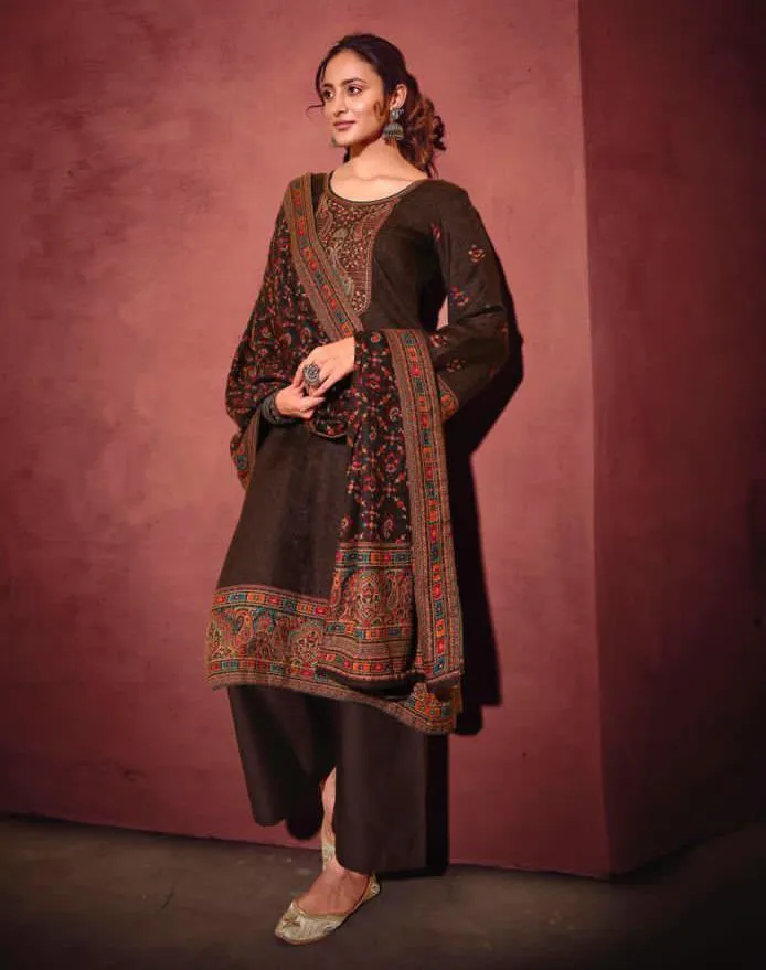 Woolen Pashmina Dark Brown Winter Unstitched Suits With shawl