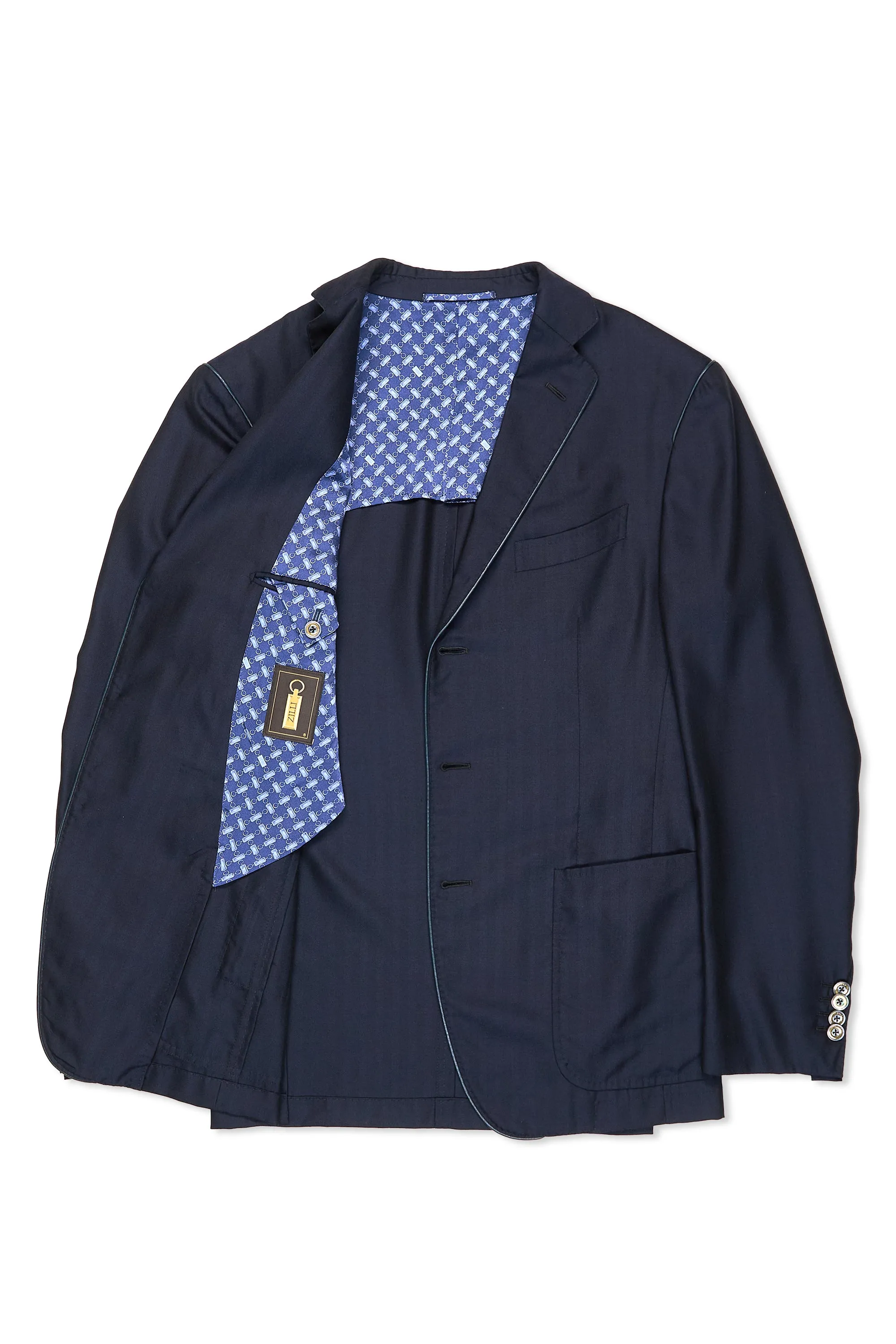 Zilli Navy Herringbone Cashmere Silk Sport Coat with Leather Detail