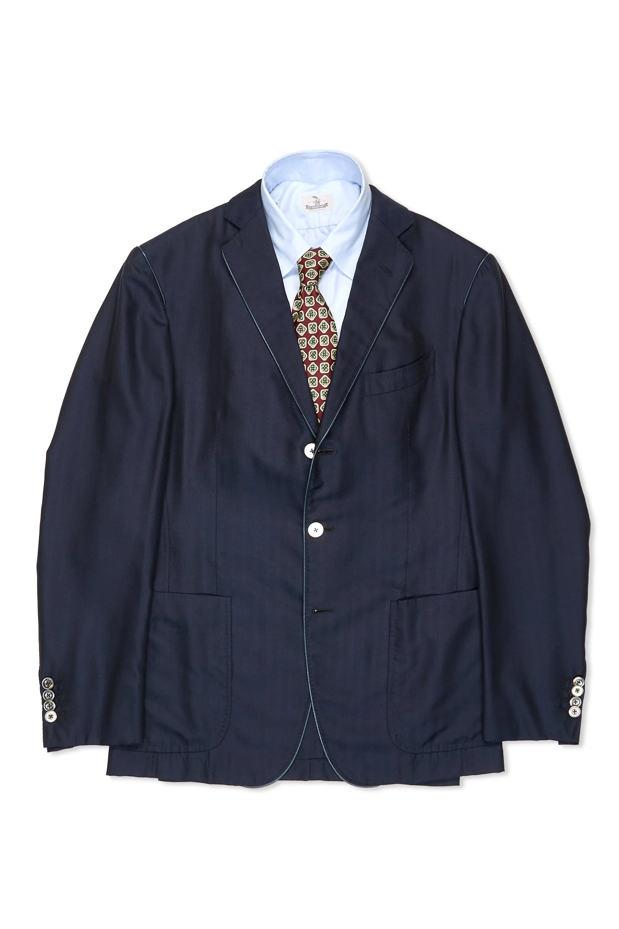 Zilli Navy Herringbone Cashmere Silk Sport Coat with Leather Detail